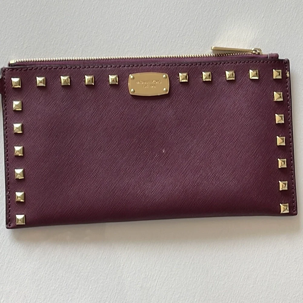 Michael Kors cherry Saffino Leather stud gold pyramid wristlet NWOT